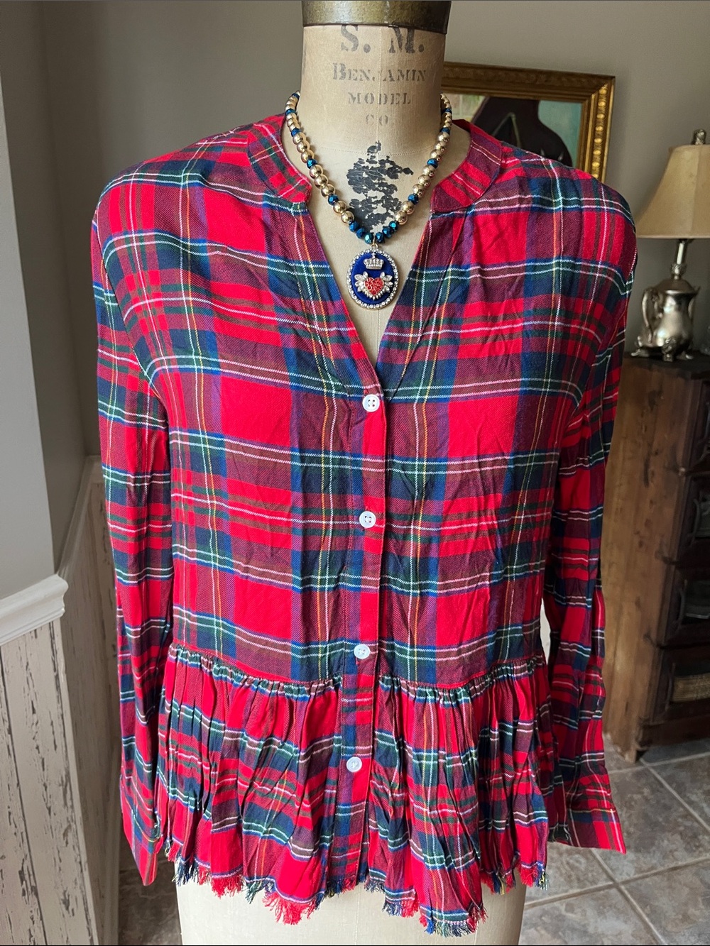 Mud Pie Red Plaid Button-Front Flannel Peplum Top Sm